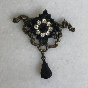 KENNY MA Art Deco Inspired Black Teardrop Stone Crystal Brooch